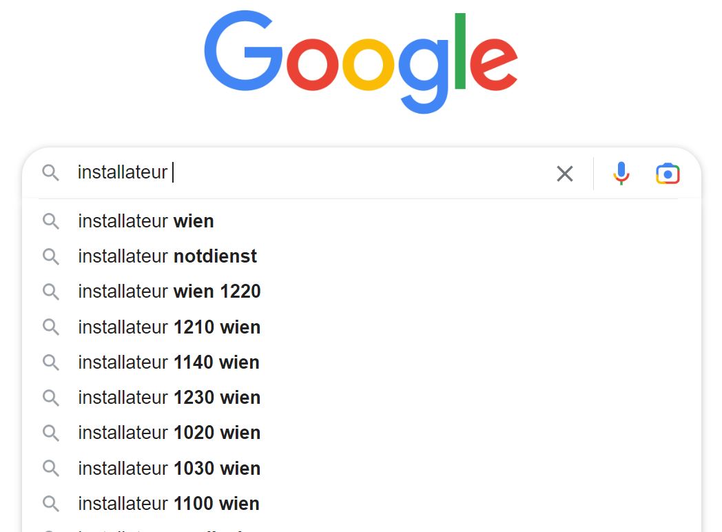 Federfuhrwerk Screenshot: Google-Suche nach "Installateur" ergibt verschiedene Longtails